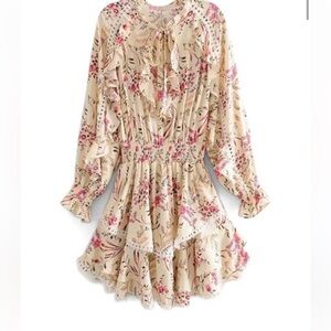 Cream pink boho floral tiered flutter peasant dress size medium